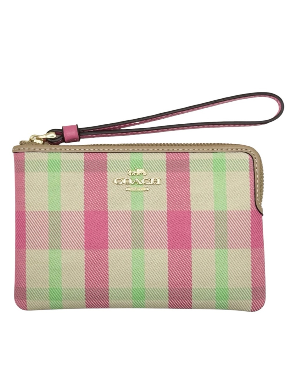 COACH: NWT CBP18 Corner Zip Wristlet Plaid IM/Pink Multi Gold